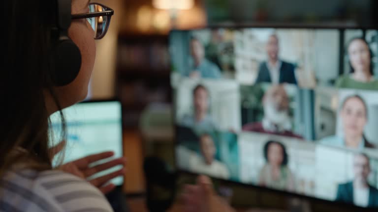 Zoom1 Computer screen, webinar and woman with team video call with remote work in a home. Talking, conversation and business people with female professional back with feedback discussion and teamwork